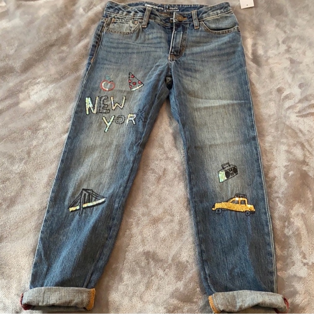 New GAP Blue Boyfriend Jeans with New York Embroidery